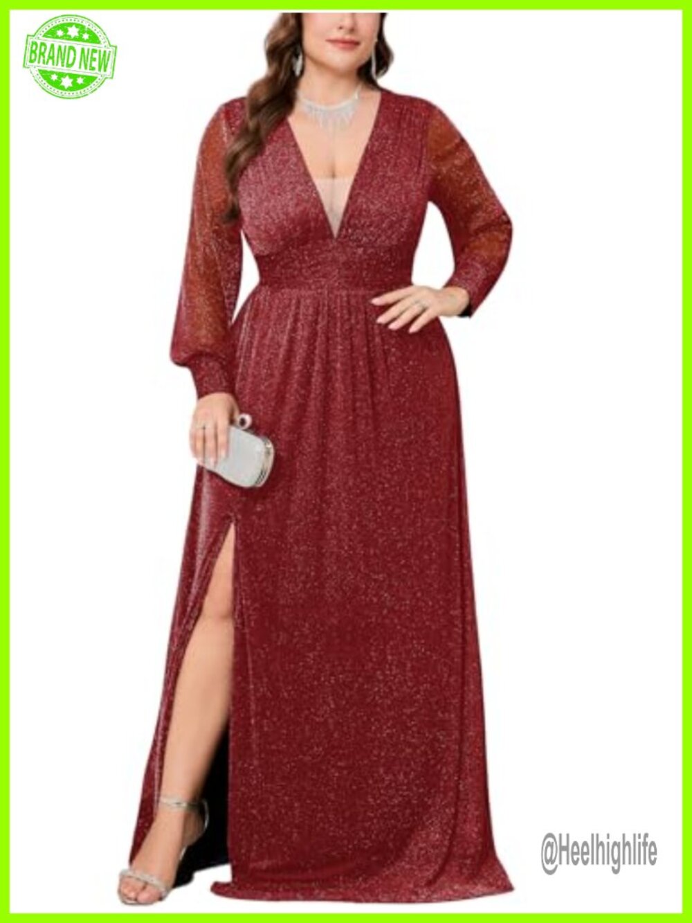 Plus Size Sparkly Mesh Formal Maxi Dress Long Sleeve Deep V-Neck Slit Evening